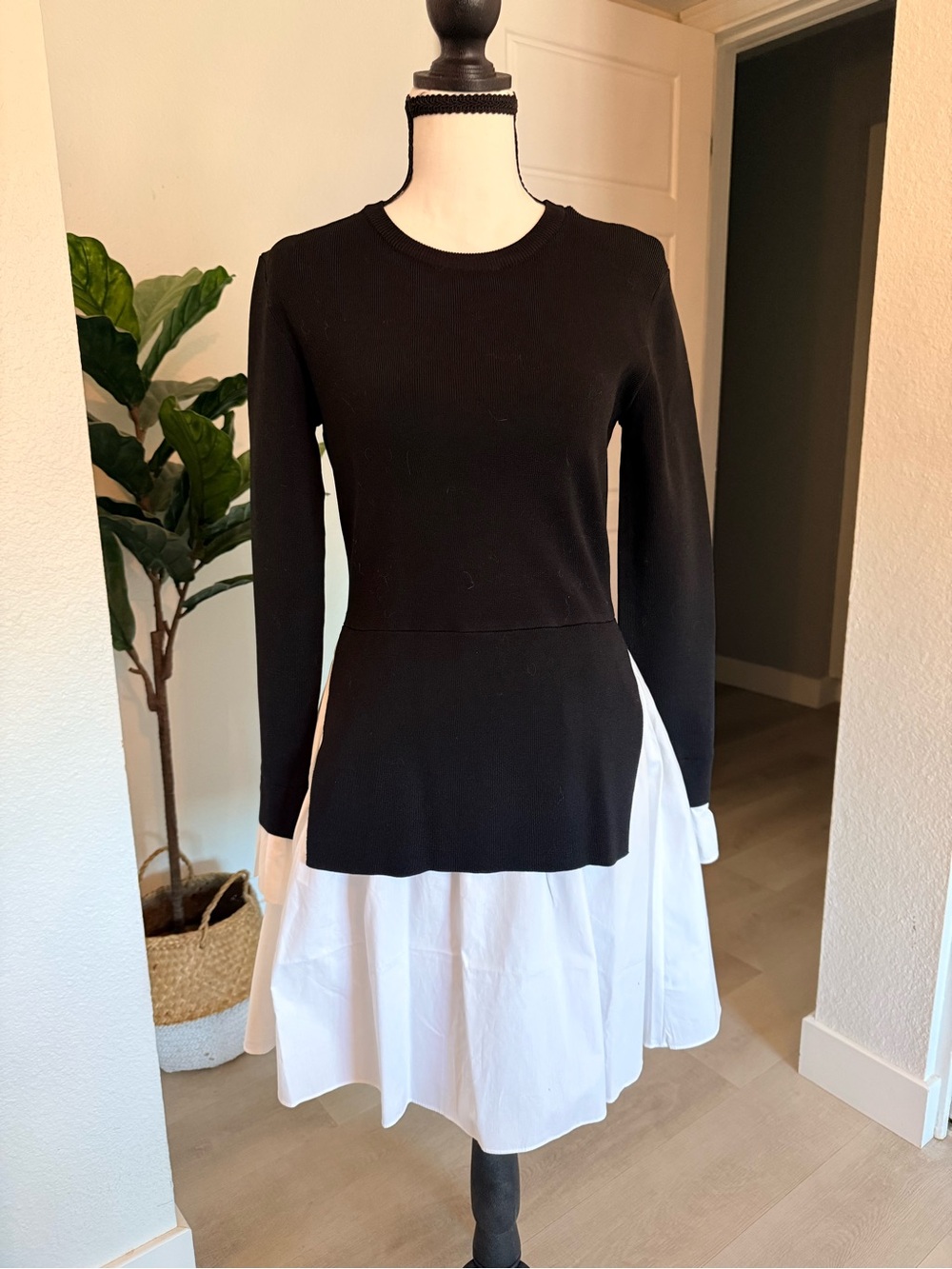 English Factory Black and White Long Sleeve Peplum Dress
